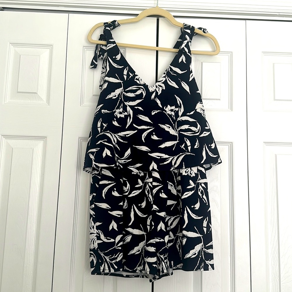 Navy and white linen romper